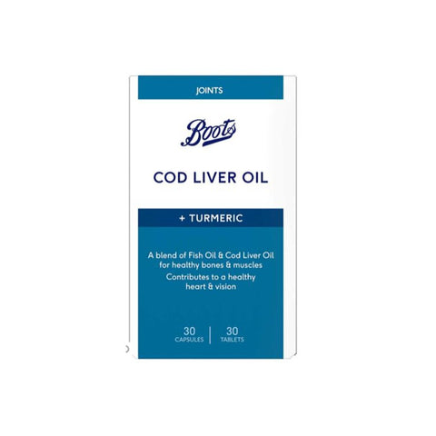 Cod Liver Oil and Fish Oil with Turmeric and Vitamins Food Supplement, 30 Capsules + 30 Tablets